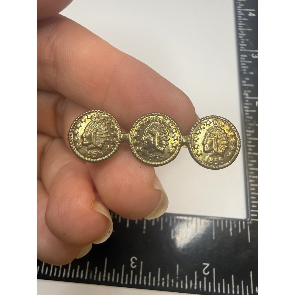 Vintage Gold Tone 1855 Indian Head‎ Coin Replica Bar Brooch Pin Costume Jewelry